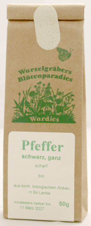 Pfeffer, schwarz, klare Schärfe, ganz, bio 50g