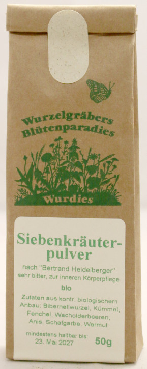 Siebenkräuterpulver, Bittergewürz, grob gemahlen, bio, wild