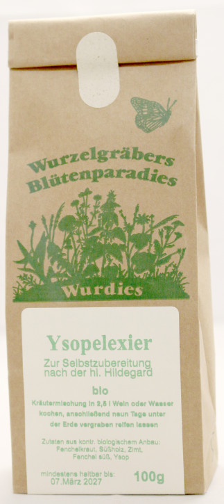 Ysopelixier, Kräutermix zum Kochen in 2,5 Liter Wein o. Wasser, muß 9 Tage unter Erde reifen, bio